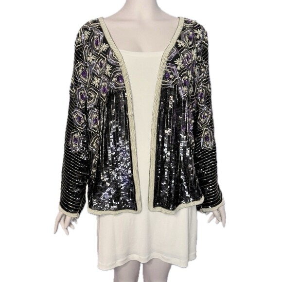 Vtg Oleg Cassini Sparkly Beaded Sequin Jacket Embellished Pearls Open Front Sz L - Picture 1 of 16